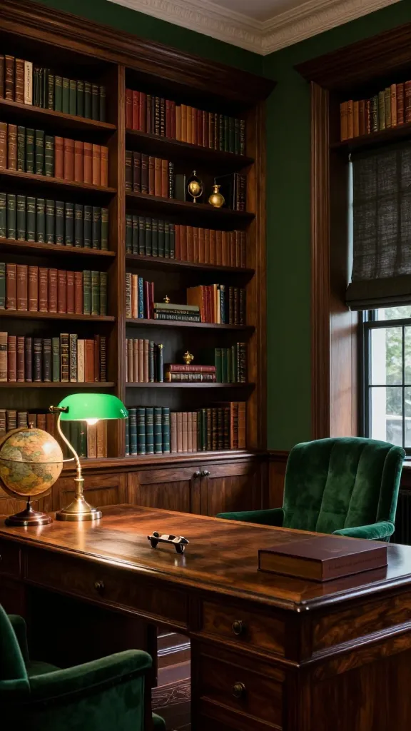 A high-quality, realistic photo of a sophisticated Dark Academia home office. The walls are painted a deep forest green, serving as a rich backdrop for floor-to-ceiling built-in bookshelves made of polished mahogany wood. These shelves are densely packed with an eclectic collection of leather-bound books, interspersed with subtle brass and gold decorative objects. Dominating the foreground is a substantial dark wood desk, featuring a classic green banker's lamp casting a warm, focused light, and a vintage globe. A plush, emerald green velvet upholstered armchair is positioned invitingly near a window or in a reading nook, contributing to the room's moody, intellectual charm. The lighting is soft and atmospheric, highlighting the rich textures of wood, velvet, and aged paper, evoking the ambiance of an old university library.