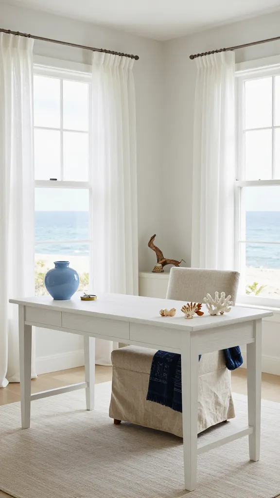 A serene and airy coastal home office, bathed in abundant natural light streaming through large windows draped with sheer, flowing white linen curtains. A sturdy white-washed wooden desk is the focal point, adorned with a few polished seashells, a delicate piece of white coral, and a subtle, small brass compass. A comfortable armchair, upholstered in a sandy beige linen slipcover, is neatly tucked under the desk. The room features soft white walls and a light sandy-toned area rug. Accents of various blues are incorporated through a sky blue ceramic vase on the desk and a deep navy throw artfully draped over the chair. Natural textures are evident in a small driftwood sculpture on a nearby surface and subtle rope detailing on a decorative object. The overall aesthetic is one of calm, productivity, and a permanent vacation vibe. Realistic, high-quality interior design photography, captured with a wide aperture for a soft, inviting feel, no text.