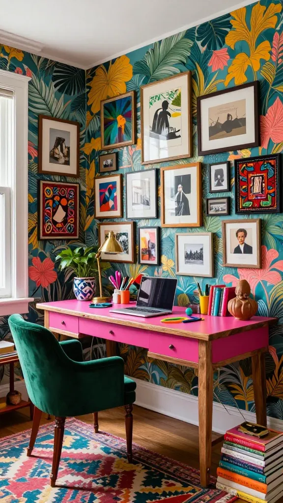 A high-quality, realistic photo of a vibrant eclectic home office. The main focus is a rustic wooden desk, its surface boldly painted in a bright fuchsia, positioned against an accent wall covered in a maximalist, large-scale botanical patterned wallpaper featuring deep teals, mustard yellows, and coral pinks. A plush emerald green velvet armchair with ornate wooden legs is positioned at the fuchsia-painted rustic desk. Above the desk, an extensive, floor-to-ceiling gallery wall bursts with a diverse collection of framed art prints, vintage photographs, embroidered textile art, and abstract paintings, all in various sizes and frame styles, creating a rich tapestry of personal stories. The desk is adorned with a mix of vintage finds like a retro brass task lamp and a quirky ceramic planter, alongside modern elements such as a sleek laptop and colorful stationery. Scattered around the room are other eclectic elements, including a geometric patterned rug, a stack of colorful books, and unique sculptural objects, all contributing to a maximalist, free-spirited, and joyful atmosphere. Natural light streams in from a nearby window, highlighting the rich textures and bold colors. Shot with a wide-angle lens to capture the depth and detail of the space, no text on image.