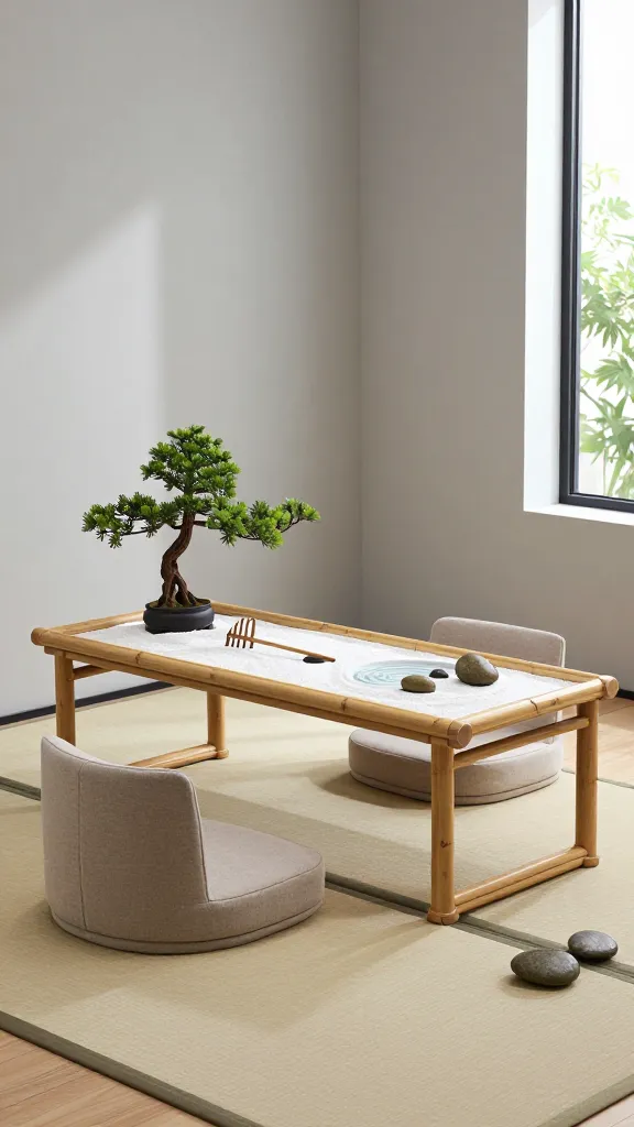 A serene and minimalist home office designed as a Zen garden workspace. A simple, low-profile bamboo desk is positioned on a light wooden floor or tatami-style mat. In front of the desk, a comfortable, back-supporting neutral-toned floor cushion or a simple, elegant stool invites calm seating. On the bamboo desk, a small, meticulously arranged tabletop Zen garden features fine white sand, a miniature rake, and a few smooth river stones, alongside a small, elegant bonsai tree. Alternatively, a subtle, small indoor water feature with gentle ripples is placed on the desk. The walls are painted in a soft, calming gray or off-white. Subtle natural elements like a few larger smooth stones are artfully placed near the desk. Gentle, diffused natural light streams into the room from a large window, illuminating the space with a peaceful glow. The overall color palette is neutral, dominated by soft greens from the plants and grays, fostering deep focus and calm concentration. High-quality interior design photography, realistic, sharp focus.