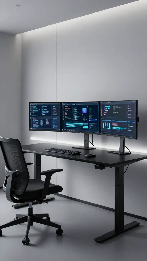 A high-quality, realistic photograph capturing a sophisticated home office designed as a "Tech-Savvy Command Center." The central feature is a sleek, black adjustable standing desk, currently set at a standing height, with impeccable integrated cable management ensuring a pristine, clutter-free surface. Mounted on a minimalist monitor arm are three large, bezel-less monitors displaying vibrant, futuristic user interfaces or complex code. An ergonomic black mesh office chair with subtle lumbar support is positioned nearby. The room's aesthetic is strictly monochromatic, utilizing a palette of deep blacks, crisp whites, and various shades of cool gray. Subtle, cool-toned LED accent lighting emanates from behind the monitors, beneath the desk, and along minimalist wall panels, casting a soft, futuristic glow that highlights the advanced technology and sleek design. The overall atmosphere exudes peak technological efficiency and innovation, perfect for a high-performance workspace.