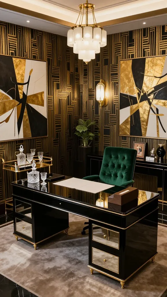 A high-angle, wide shot of a luxurious Art Deco home office, exuding the opulent glamour of the Roaring Twenties. The centerpiece is a substantial desk featuring a sleek black lacquer finish with subtle mirror accents on its drawers. Behind the desk, the wall is covered in a striking geometric patterned wallpaper in metallic gold and deep black. A sumptuous velvet upholstered office chair in a rich emerald green is positioned at the desk, inviting productivity. Elegant brass lighting fixtures with frosted glass shades cast a soft, sophisticated glow across the room. To the side, a vintage brass bar cart, impeccably styled with crystal decanters and glassware, adds a touch of lavishness. Large, dramatic abstract artwork with gold and black elements adorns an adjacent wall. The room is immaculate, showcasing polished surfaces and rich textures, captured in a realistic, high-quality photograph.