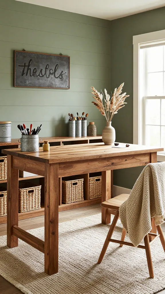 A high-quality, realistic photo of a warm and inviting rustic farmhouse home office, designed for a crafter. A substantial reclaimed wood farmhouse desk stands prominently in the foreground, bathed in soft natural light streaming from a nearby window. Behind the desk, a shiplap accent wall is painted a soothing sage green. Woven baskets are neatly arranged beneath the desk and on open shelving, providing ample storage. A textured braided rug in neutral tones grounds the space. Distressed galvanized steel containers hold various crafting supplies on the desk, and a vintage metal sign hangs above. A delicate dried floral arrangement in a ceramic vase adds natural beauty, while a cozy knit throw blanket is draped over a comfortable wooden chair, inviting comfort.