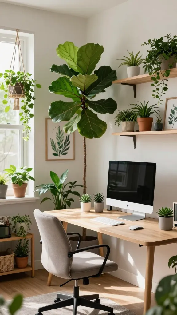 A high-quality, realistic photo of a bright and serene home office designed as an 'Urban Jungle Oasis'. Natural light streams into the room, illuminating a minimalist light wood desk with a modern monitor and a few small potted succulents. A comfortable, neutral-toned ergonomic office chair is positioned at the desk. The space is overflowing with lush, vibrant greenery: a majestic, tall Fiddle Leaf Fig plant stands as a focal point, while a diverse collection of potted plants are artfully arranged on open shelving units, cascading from macrame hangers suspended from the ceiling, and placed on the desk. The walls feature subtle botanical-themed artwork, enhancing the natural aesthetic. The atmosphere is calm, inspiring, and highly productive, with the plants being the undeniable stars of the design.