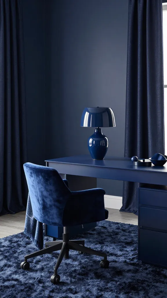 A high-angle, professional photograph of a sophisticated home office designed entirely in a monochromatic deep navy blue palette. The room features a simple, modern desk with a smooth matte navy finish and a sleek, ergonomic chair upholstered in a rich, deep navy velvet. The walls are painted in a slightly lighter shade of matte navy, offering subtle contrast to the darker navy linen curtains elegantly framing a window. A glossy navy ceramic lamp sits on the desk, providing a reflective accent, while a plush, dark navy area rug grounds the space. Various shades and tones of navy blue are layered throughout, from a lighter navy throw blanket casually draped over the chair to a darker navy decorative object on the desk, creating depth and visual interest through the interplay of velvet, linen, matte, and glossy textures. Natural light gently illuminates the space, highlighting the luxurious details.