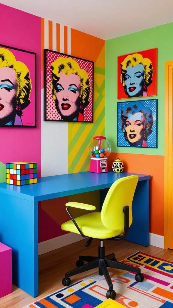 A highly vibrant and playful home office, bursting with Pop Art energy. A sleek, bright blue desk is centrally positioned, complemented by a striking neon yellow ergonomic office chair. The walls are a canvas for bold graphic prints and Pop Art inspired artwork, featuring elements reminiscent of Andy Warhol's iconic pop culture imagery and Roy Lichtenstein's comic dot patterns, alongside areas with bold stripes and clashing geometric patterns. On the desk, a giant, colorful Rubik's Cube and a retro gumball machine add whimsical touches. The room showcases a deliberate mix of clashing, bright colors like fuchsia, electric orange, and lime green, extending to a patterned rug and various quirky accessories. Bright natural light floods the space, enhancing the energetic and youthful atmosphere. High-quality realistic photo, professional interior photography, wide shot, no text.
