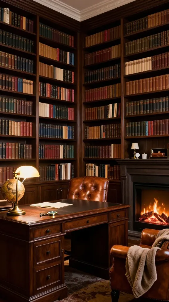 A high-quality, realistic photo of a luxurious and cozy home office, designed as a "Library Lover's Lair." The room is dominated by floor-to-ceiling, dark wood wall-to-wall bookshelves, meticulously filled to the brim with a diverse collection of books, creating an immersive, academic atmosphere. In the foreground, a classic, large dark wood executive desk is neatly arranged with a traditional brass desk lamp emitting a warm, focused glow, a vintage-style globe, and a magnifying glass. Adjacent to the desk, a plush, rich cognac leather armchair with a soft throw blanket invites comfortable reading breaks. A warm, inviting fireplace (either real with flickering flames or a realistic electric one) casts a soft, ambient light across the room, enhancing the deep thought and quiet contemplation mood. The overall lighting is warm and inviting, highlighting the textures of the wood, leather, and myriad book spines. No text.
