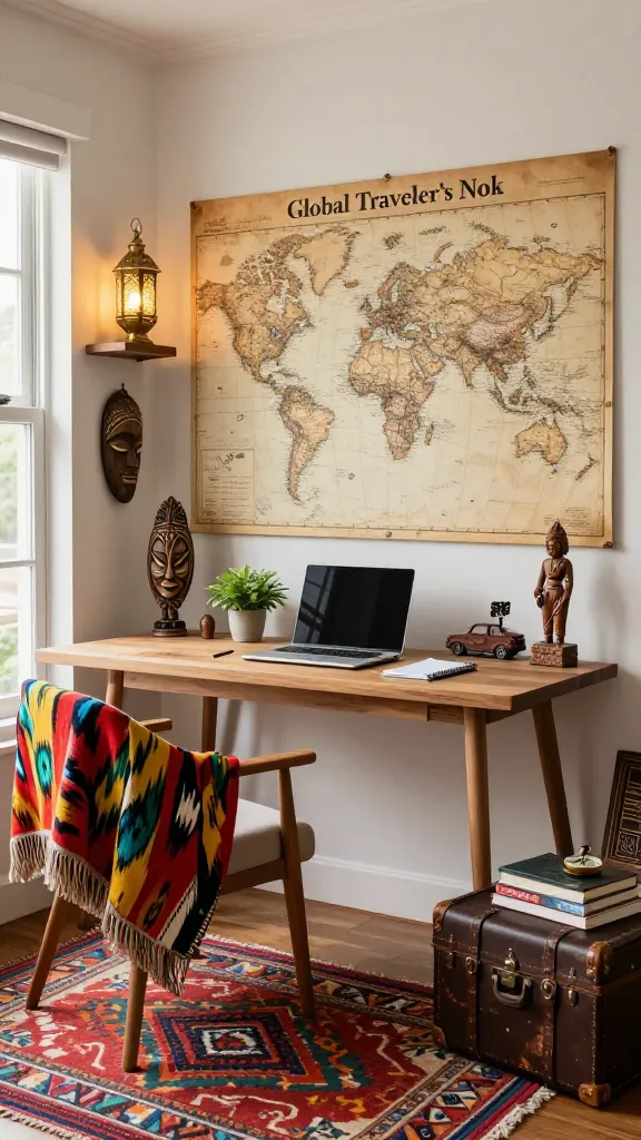 A high-resolution, professional photograph of a cozy and inspiring "Global Traveler's Nook" home office. The focal point is a sturdy, minimalist wooden desk, neatly organized with a laptop, a small green plant, and a notebook. Behind the desk, a prominent, large vintage-style world map (with some scratch-off areas visible) covers a significant portion of the wall. The room is filled with cultural artifacts: a warm glow emanates from a brass Moroccan lantern placed on a nearby floating shelf, an intricately carved wooden African mask hangs artfully beside the map, and delicate Balinese wood carvings are arranged on the desk or a small side table. A comfortable armchair is draped with a vibrant ikat-patterned throw, and a colorful, textured Peruvian rug adds warmth and character to the floor. A well-worn vintage leather trunk serves as a side table next to the armchair, topped with a stack of travel books and a small compass. Natural light streams in from a large window, highlighting the rich textures and diverse colors of the global treasures. The overall atmosphere is one of adventure, cultural exploration, and focused productivity.