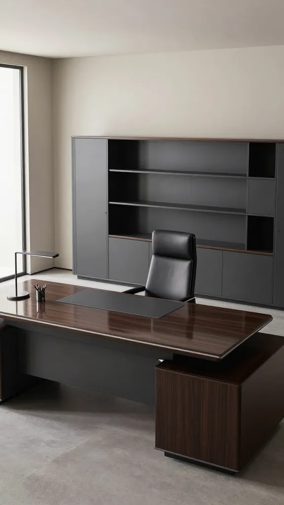 A high-angle, wide shot of a sleek, sophisticated home office designed for an executive. The focal point is a large, imposing dark wood executive desk with a polished, reflective surface, centrally placed. A high-backed, ergonomic black leather office chair is perfectly positioned in front of it. Along the back wall, seamless built-in shelving and filing cabinets in a matte dark gray finish provide integrated storage, maintaining clean lines. The room's refined color palette is dominated by grays, blacks, and creams, with subtle metallic accents visible on a minimalist desk lamp and a high-end pen holder on the desk. The decor is strictly minimalist, emphasizing high-quality finishes and an organized, professional aesthetic. Soft, natural light streams in from a large window to the side, illuminating the polished surfaces. High-resolution, realistic photo, no text.