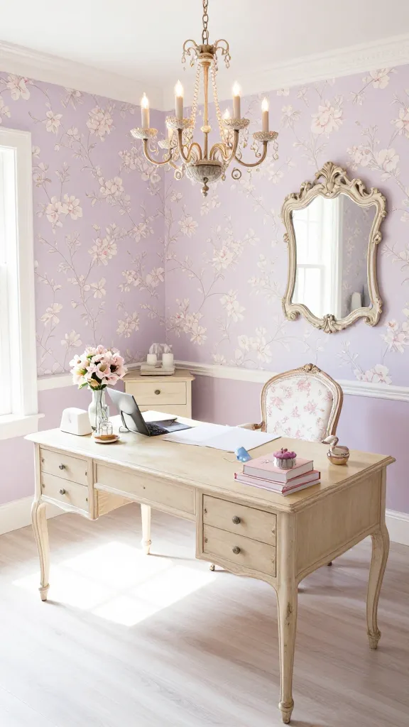 A high-angle, wide shot capturing a beautifully decorated feminine French Country home office, bathed in soft natural light. The centerpiece is a distressed antique cream wooden desk, artfully arranged with a few elegant, vintage-inspired office accessories. Behind the desk, the wall features a subtle wallpaper with a soft floral pattern in pale pinks and creamy whites. A comfortable, upholstered armchair, covered in a delicate toile fabric, is pulled up to the desk. Above, a delicate, vintage-inspired chandelier hangs gracefully, casting a warm glow. On an adjacent wall, a decorative vintage-inspired mirror reflects the room's gentle ambiance. The overall color palette is dominated by soft lavender, pale pinks, and creamy whites, creating a romantic, inviting, and highly productive workspace reminiscent of a charming cottage in Provence. The room feels airy, elegant, and serene.