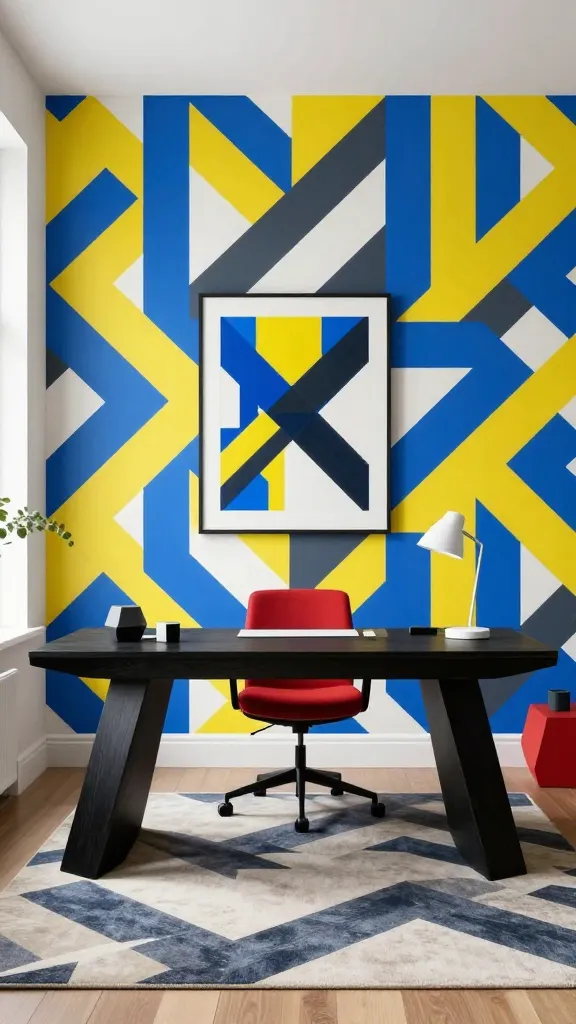 A high-quality, realistic photograph capturing a visually striking and energizing home office, embodying a "Bold Geometric Powerhouse" design. The focal point is an accent wall featuring a dynamic, sharp geometric patterned wallpaper in a high-contrast palette of electric blue, bright yellow, and deep charcoal, interspersed with crisp white. Centered against this vibrant wall is a sleek, modern desk with a unique, angular silhouette, crafted from dark, polished wood or a matte black finish. Above the desk, an abstract art piece showcases bold, intersecting lines and sharp shapes in a complementary primary color scheme. The floor is anchored by a large, contemporary rug displaying a strong, multi-directional geometric print. A minimalist, ergonomic office chair in a solid, muted primary color like crimson red provides a visual anchor. Subtle solid color blocks are introduced through modern accessories, such as a sculptural white desk lamp and a geometrically shaped plant pot. Natural light streams in from a large window, enhancing the sharp lines and vibrant patterns, creating a forward-thinking and highly modern workspace. No text visible.