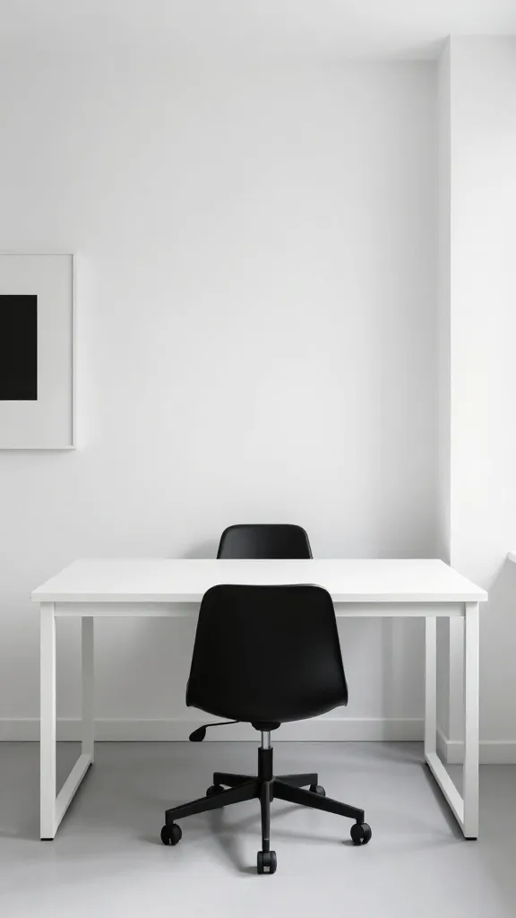 A realistic, high-quality photograph of a minimalist home office, showcasing a stark monochrome magic design. The scene features a simple, unadorned white desk with clean lines, positioned against a pristine white wall. A sleek, modern black office chair is perfectly centered at the desk. The walls are either bare or feature a single, subtle abstract black and white piece of minimalist art, emphasizing negative space. There is absolutely no visible clutter, implying hidden storage to maintain an impeccably organized and productive environment. Soft natural light illuminates the space, highlighting the crisp edges and the elegant contrast between the black and white elements. The overall aesthetic is incredibly chic, focused, and purposeful, embodying maximum impact with minimal fuss.
