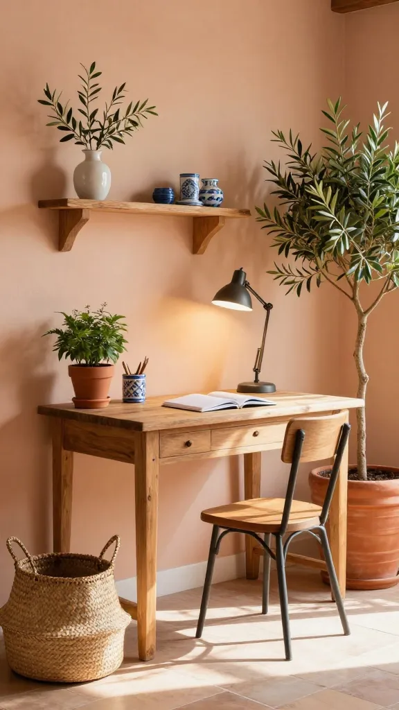 A high-quality, realistic photograph capturing a sun-drenched Mediterranean home office. A light-colored, rustic wooden desk is positioned against a wall painted in a warm, soft peach, bathed in diffused, golden natural light. On the desk, a small terracotta pot holds a vibrant green plant, alongside a simple blue and white ceramic pen holder and an open notebook. A sleek wrought iron desk lamp casts a warm, inviting glow. Nearby, a large woven straw basket sits on the floor, and a tall terracotta pot with a mature olive tree adds a touch of natural elegance. A small vase containing fresh olive branches rests on a rustic wooden shelf above the desk, which also features a few more simple blue and white ceramic decorative items. The entire scene evokes a relaxed, productive atmosphere, rich in natural textures and terracotta tones, embodying a warm Mediterranean escape. No text.