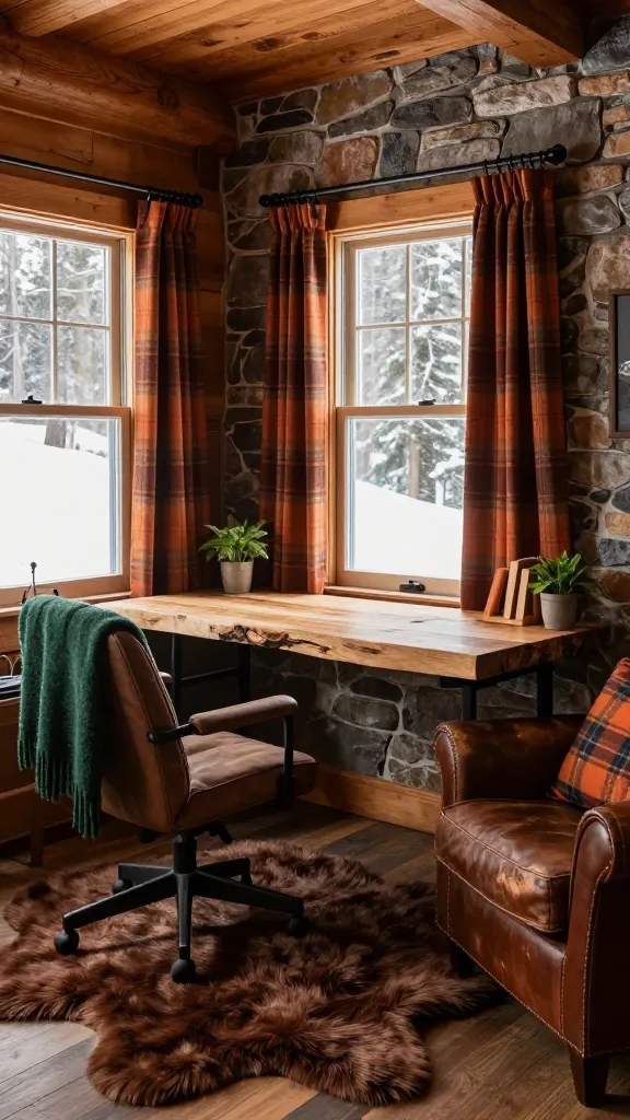 A high-quality, realistic photo of a cozy cabin core home office. A sturdy, heavy wooden slab desk is the focal point, positioned against a rustic stone accent wall, bathed in soft natural light from a large window. A comfortable, upholstered office chair with a forest green wool throw blanket draped over its back sits at the desk. Underfoot, a plush faux fur rug in a deep brown hue adds warmth and texture. Plaid curtains in shades of burnt orange and deep brown frame the window, and a matching plaid throw pillow rests on a nearby distressed leather armchair. The room features exposed natural wood walls and ceiling beams, creating a snug, mountain retreat atmosphere. Warm earthy tones like deep browns, forest greens, and burnt oranges dominate the palette, enhanced by subtle decorative elements like a small potted plant and wooden bookends, evoking a sense of comfort and productivity.
