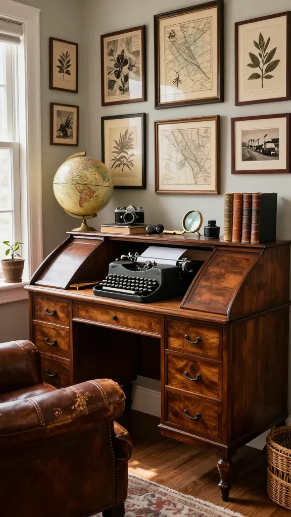 A high-quality, realistic photo of a 'Vintage Collector's Corner' home office. The focal point is a grand, dark wood vintage roll-top desk, slightly open, showcasing an old typewriter and an antique brass magnifying glass. To the left, a well-worn, rich brown leather armchair with character lines invites comfort. The wall behind the desk is a curated gallery of framed antique maps, intricate botanical prints, and sepia-toned old photographs, arranged in an artful, layered display. Scattered on the desk and nearby shelves are various collected curiosities: a vintage camera, a detailed antique globe, stacks of old leather-bound books, and a delicate inkwell. Warm, natural light streams in from a window, highlighting the textures of the wood, leather, and aged paper. The overall ambiance is one of a personal museum, rich with history and storytelling, creating an inspiring and productive workspace. No text.
