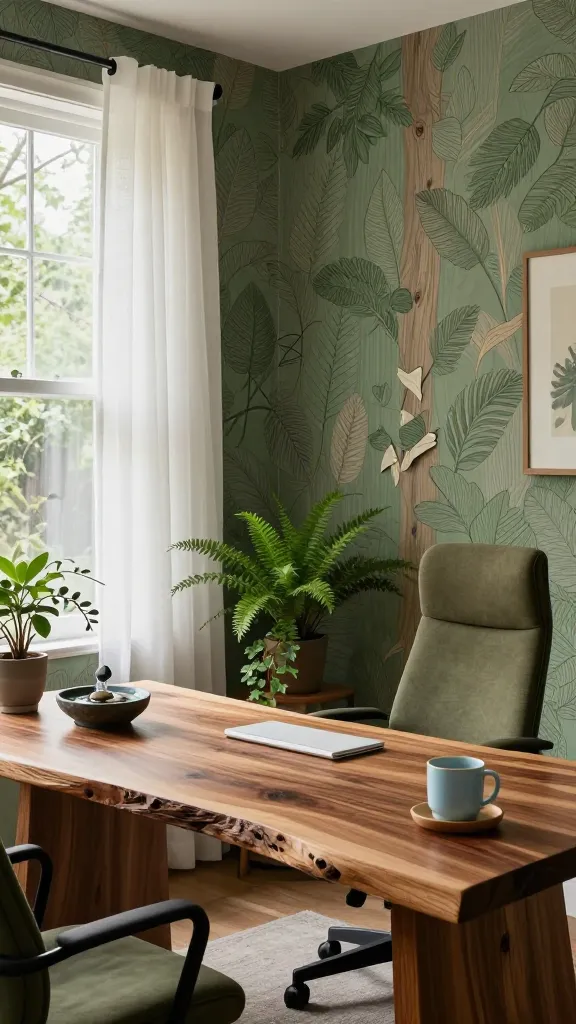 A realistic, high-quality photograph of a serene and productive biophilic home office. A magnificent live-edge wood desk, showcasing its natural imperfections and rich grain, serves as the central workstation. The wall behind the desk is covered in a sophisticated wallpaper featuring a subtle, organic pattern of intertwining leaves and wood grain textures, primarily in shades of moss green and muted earthy brown. A large window bathes the space in abundant natural light, gently filtered by sheer white linen curtains that allow subtle views of outdoor greenery. The room's color palette is a harmonious blend of deep moss green, warm earthy brown tones from the wood, and delicate sky blue accents in subtle decor elements like a ceramic mug or a small art piece. On one corner of the desk, a small, elegant tabletop water fountain with smooth river stones creates a gentle, calming sound. A comfortable, ergonomic office chair in an earthy green or brown hue is positioned at the desk. A few carefully placed, vibrant green plants, such as a small potted fern or a trailing ivy, add to the natural ambiance without cluttering the space. The overall atmosphere is deeply soothing, restorative, and conducive to focused work. Captured with professional photography, sharp focus, natural light, no text.