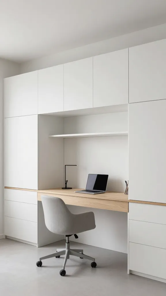A realistic, high-resolution eye-level photograph of a modern, minimalist home office embodying a 'Smart Storage Sanctuary'. The room showcases custom, floor-to-ceiling built-in storage units – seamless cabinets, drawers, and open shelving – in a matte white finish that integrate flawlessly with the walls, creating an incredibly clean and uncluttered environment. A sleek, light wood desk with hidden integrated storage compartments is centrally placed, meticulously organized with only a laptop, a minimalist desk lamp, and one small, clear container holding essential pens. An ergonomic light gray office chair is neatly positioned. The entire space is bathed in bright, natural light, highlighting a serene color palette of whites, light grays, and natural wood tones. Every item has its precise place, conveying ultimate order, calm, and a highly productive atmosphere. Professional interior design photography, sharp focus, no text.