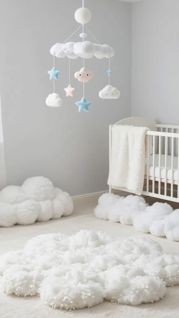 A high-quality, realistic photograph of a serene and cozy cloud-themed baby girl nursery. Above her, a delicate mobile with whimsical cloud and star motifs in subtle pastel blues and pinks gently sways. The room is enveloped in soft, diffused natural light, highlighting the plush, oversized cloud-shaped rug in soft white that covers the floor, creating an ethereal and dreamlike foundation. Walls are painted in a gentle light grey, and a fluffy textured blanket is draped over the crib rail. The overall atmosphere is incredibly calming, utterly cozy, and pristine, with a palette dominated by soft whites, gentle greys, and subtle pastel accents, captured with sharp detail and a shallow depth of field.