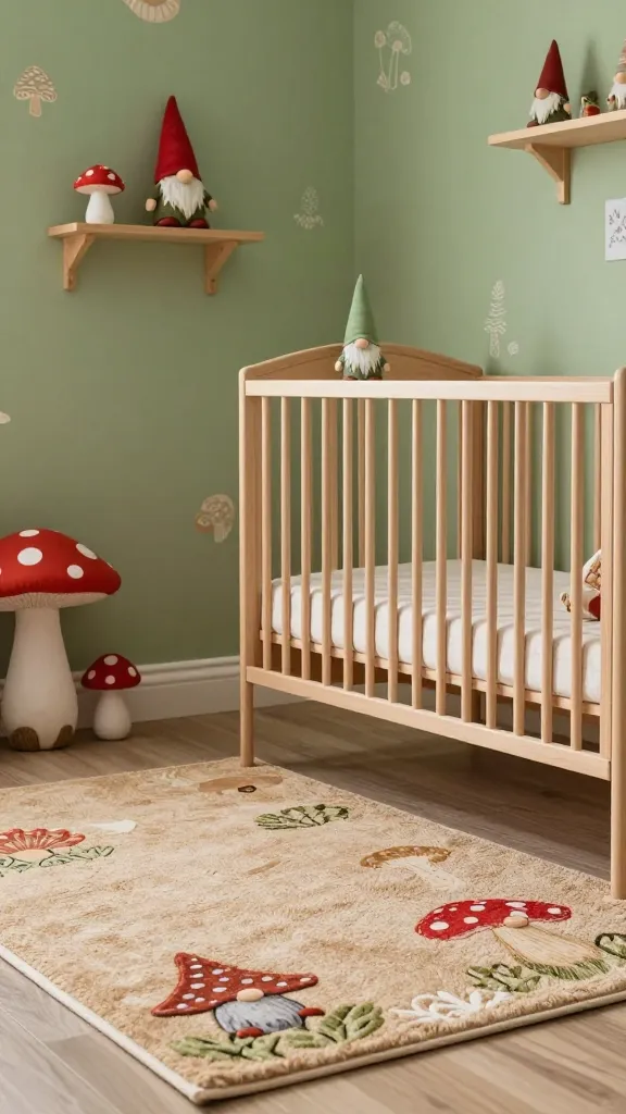 A high-quality, realistic photograph earthy-toned rug in a whimsical woodland gnome home nursery. The walls are painted a soft moss green, adorned with subtle mushroom-themed wallpaper. A natural wood crib and shelving unit are visible, with tiny, charming gnome figurines safely placed on a high shelf out of the baby's reach. Playful red and white polka dot accents are incorporated through a small decorative mushroom on a shelf and a detail on a hanging mobile. Soft, warm natural light filters into the cozy, magical space, highlighting the natural wood elements and inviting atmosphere. Professional interior design photography, shallow depth of field. No text.