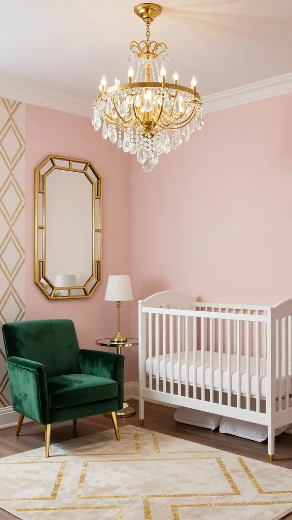 A luxurious Art Deco glamour baby girl nursery, bathed in soft, warm light. The walls are painted a delicate blush pink, complemented by a crisp white crib with subtle gold accents. A dramatic, multi-tiered gold and crystal chandelier hangs elegantly from the ceiling. In one corner, a plush emerald green velvet armchair with polished gold legs sits invitingly, next to a tall, intricately gold-framed geometric mirror safely secured to the wall. A soft, ivory rug with a subtle gold geometric pattern covers the floor. White and gold geometric wallpaper accents one wall. A small, round side table with a mirrored top holds a delicate gold lamp. The scene is meticulously styled, showcasing shimmering gold details, rich velvet textures, and sophisticated geometric patterns, evoking Gatsby-era elegance. High-resolution, realistic photo, no text.