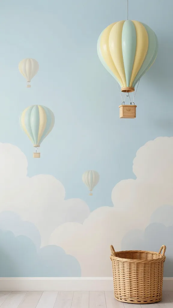 A high-quality, realistic photo The background wall showcases a beautiful mural of soft sky blues and gentle cloud whites, where muted pastel hot air balloons (pale yellow, mint) gracefully float among fluffy clouds. Above, a delicate wooden hot air balloon mobile gently sways. A charming wicker storage basket sits nearby, adding to the cozy, adventurous feel. Soft, natural light fills the airy room, highlighting the sweet and dreamy atmosphere. No text.