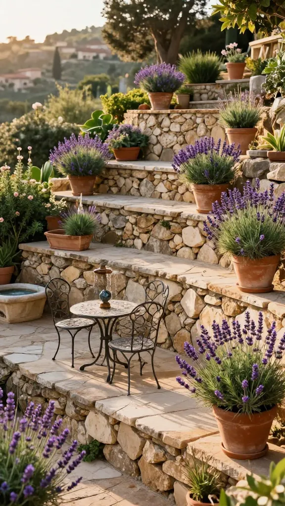 A high-angle, sun-drenched photograph of a multi-level terraced Mediterranean backyard oasis, carved into a gentle slope with sturdy, natural stone retaining walls. Each tier features rough-hewn stone paving. On one of the lower tiers, a charming wrought-iron bistro set is placed beside a small, gurgling fountain. Terracotta planters, overflowing with vibrant purple lavender and fragrant green rosemary, are strategically placed on various levels, adding lushness and color. Golden hour sunlight bathes the scene, casting warm glows and soft shadows, creating a relaxed, aromatic, and inviting vacation-like atmosphere. Realistic, high-quality photo, no text.