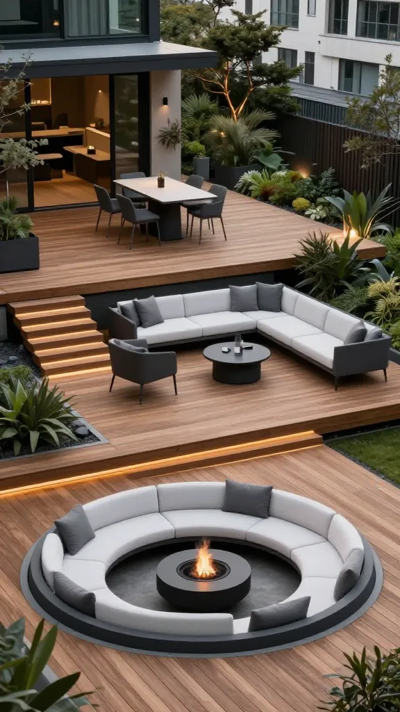A professional, wide-angle photograph capturing a sophisticated modern multi-level wooden deck seamlessly integrated into a sloped urban backyard. Interconnected platforms of warm-toned wood are built at varying heights, creating distinct outdoor zones. The highest level features a minimalist dining area with a sleek, contemporary table and chairs. Below it, a spacious lounging zone boasts clean-lined, low-profile outdoor sofas and armchairs. At the lowest point, a modern, circular fire pit with integrated seating forms a cozy gathering spot. All furniture is minimalist, in charcoal grey and white, emphasizing clean lines and a contemporary aesthetic. Subtle, integrated LED lighting traces the edges of the platforms and steps, adding to the sophisticated evening ambiance. Sparse, architectural planting in sleek, dark planters strategically softens the geometric lines without detracting from the organized, elegant design. The overall scene beautifully maximizes the challenging incline, showcasing a dynamic and architectural outdoor living space.