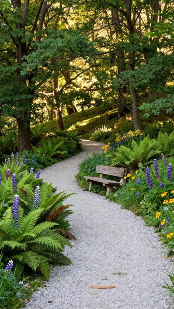 A high-resolution, professional outdoor photograph capturing a serene natural woodland retreat designed on a gentle sloped backyard. A winding, light gray gravel path meanders gracefully downhill, disappearing into a dense cluster of mature native trees. The forest floor is richly carpeted with vibrant green ferns, including maidenhair and Ostrich ferns, interspersed with a scattering of colorful wildflowers like purple lupines and yellow coneflowers. Tucked into a secluded nook beside the path, under the soft, dappled shade of the tree canopy, sits a rustic, weathered wooden bench, partially enveloped by the lush foliage. Golden sunlight filters through the leaves, creating a peaceful interplay of light and shadow, evoking an untouched, tranquil forest floor. Realistic, high-quality photo, no text.