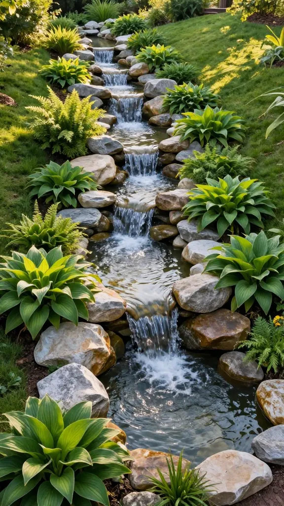 A high-angle, realistic outdoor photograph showcasing a stunning multi-tiered cascading water garden gracefully descending a lush, verdant sloped backyard. The water feature consists of several interconnected small ponds and stream beds, linked by gentle, crystal-clear waterfalls that flow down the natural incline. The edges of the stream and ponds are meticulously lined with smooth, light grey and brown river rocks. Abundant, vibrant green hostas with broad leaves and delicate ferns are planted densely along the water's edge and surrounding moist soil. Soft, natural sunlight illuminates the scene, highlighting the glistening water, the texture of the rocks, and the lush foliage. The overall atmosphere is one of profound tranquility and natural beauty, a perfect zen zone. Shot with a wide-angle lens, capturing the full scope of the cascading feature and the sloped terrain. Golden hour lighting, high resolution, sharp focus.