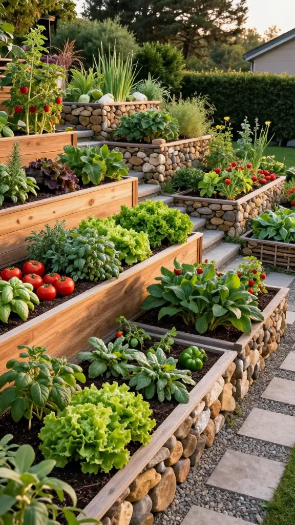 A high-angle, realistic photo capturing a stunning sloped backyard transformed into edible landscape terraces under the warm glow of late afternoon sun. Multiple levels of raised garden beds are meticulously built into the natural incline. The retaining walls are a harmonious blend of warm, rustic cedar planks and sturdy gabion baskets filled with natural, local stones. Each terraced bed is overflowing with a vibrant, lush array of organic vegetables like red tomatoes, leafy green lettuces, and bell peppers, intermingled with aromatic herbs such as basil and rosemary, and fruiting plants like strawberries. A narrow, winding gravel path with occasional stepping stones provides easy access between the levels. The scene is bathed in soft, golden light, highlighting the rich textures of the plants and materials, creating an inviting, productive, and aesthetically pleasing mini-farm. Professional photography, sharp focus, natural colors, high resolution.