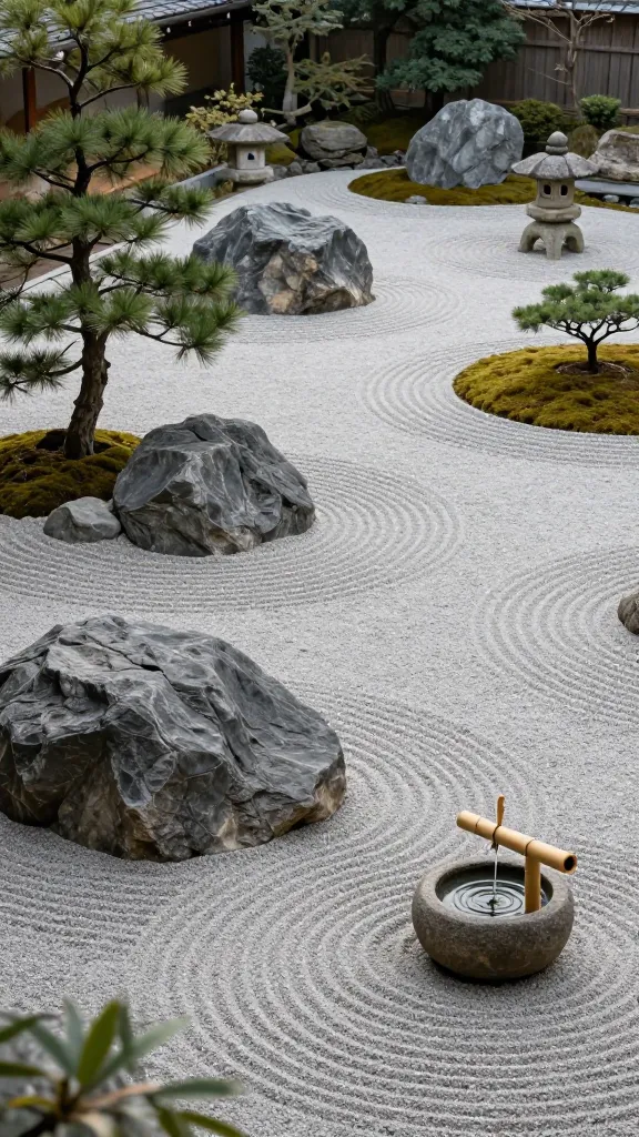 A high-resolution, realistic photograph showcasing a serene Japanese Zen rock garden meticulously integrated into a gentle sloped backyard. The slope features carefully placed large, natural grey boulders of varying sizes, interspersed with expansive sections of perfectly raked light grey gravel forming intricate, calming wave patterns. Sparse, low-growing dwarf conifers and vibrant green moss patches are strategically placed to enhance the minimalist aesthetic. A traditional, weathered stone lantern stands subtly integrated into the landscape, and a small, elegant bamboo shishi-odoshi water feature gently drips into a smooth stone basin, creating subtle ripples. The scene is bathed in soft, natural morning light, highlighting the textures and creating a peaceful, contemplative atmosphere. Shot with a wide-angle lens, capturing the entire tranquil landscape. No text on image.
