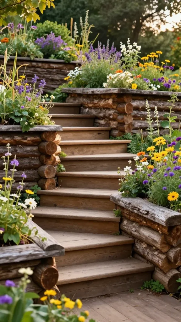 A high-quality, realistic photograph capturing a charming sloped backyard. Robust, stacked timber logs form rustic retaining walls that terrace the natural incline. Wide, easy-to-climb timber steps are seamlessly integrated into the log walls, winding upwards. Informal plantings of vibrant wildflowers and hardy perennials, in a mix of purples, yellows, and whites, spill naturally over the log edges and soften the steps. The scene is bathed in warm, late afternoon sunlight, enhancing the natural, earthy textures and creating a cozy, woodland garden atmosphere. The design evokes a sturdy, informal country garden feel, blending ruggedness with natural beauty. No text.