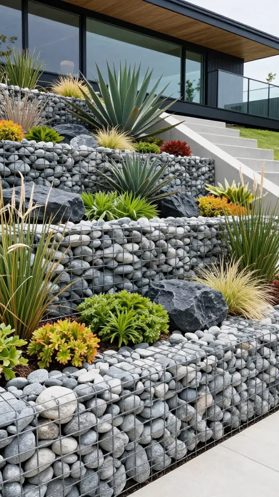 A high-quality, realistic outdoor photograph showcasing a modern, industrial-chic sloped backyard. The dominant features are multi-tiered gabion basket retaining walls and integrated planters, forming a strong architectural statement against the natural incline. The wire cages are meticulously filled with a sophisticated blend of smooth, light-grey river stones and darker, textured basalt rocks, creating visual interest. On top of and within these gabion structures, drought-tolerant plantings thrive, including spiky agave, vibrant sedum varieties, and elegant, wispy ornamental grasses, adding organic softness to the hardscape. The contemporary design extends to the background, where a sleek home with large glass windows overlooks the scene under bright, natural daylight, casting subtle shadows that emphasize the textures and forms. No text.