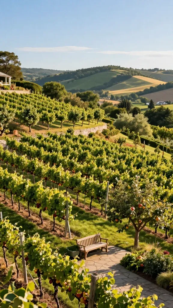 A breathtaking, high-angle, wide shot of a productive sloped backyard transformed into a picturesque hillside vineyard and orchard. Lush rows of mature grapevines on rustic wooden trellises gracefully interweave with young, fruit-bearing apple and pear trees, all meticulously following the natural contours of the gently sloping terrain. The scene is bathed in the warm, golden light of a late summer afternoon, casting long shadows and highlighting the vibrant green foliage and ripening fruit. A subtle, well-integrated flagstone path meanders through the lower part of the slope, leading to a small, charming wooden bench perfectly positioned to offer panoramic views of the entire productive landscape and the distant rolling hills. The sky above is a clear, inviting blue. The overall aesthetic is one of sustainable beauty, tranquility, and abundant harvest, captured with sharp focus and rich detail, showcasing an aspirational home gardening project.