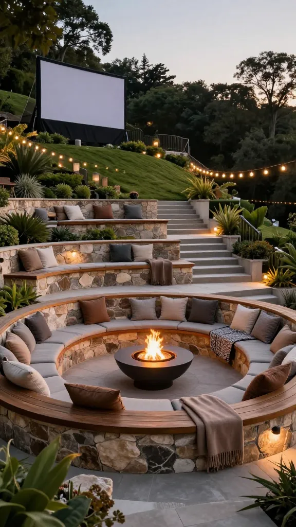 A high-angle, wide shot of a stunning, multi-tiered outdoor amphitheater seating area seamlessly built into a gently sloped backyard at dusk. The robust tiers are constructed from large, natural stone blocks with integrated wooden bench tops for comfortable seating, adorned with plush outdoor cushions and soft throw blankets in earthy tones. In the center of the lowest tier, a modern, circular fire pit emits a warm, inviting glow. Subtle string lights are elegantly draped above the seating area, while discreet landscape lighting illuminates the steps and surrounding lush, manicured greenery. A large, retractable outdoor movie screen is subtly visible in a ready-to-deploy position at the top of the slope, hinting at entertainment. The overall atmosphere is luxurious, cozy, and perfectly set for an evening gathering, with a clear vantage point down the slope. Realistic, high-quality photograph, no people, no text.