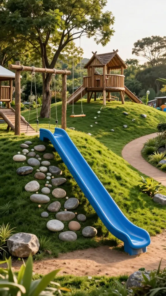 A wide, eye-level photograph capturing a vibrant, multi-tiered kids' adventure zone built into a moderately sloped backyard. A bright blue slide is seamlessly integrated into the lush green hillside, curving gently from mid-slope down to the bottom. To one side, a natural climbing wall made from various sizes of smooth, grey river rocks is embedded into the slope, featuring small handholds. A thick, natural fiber rope swing with a wooden seat hangs invitingly from a sturdy, mature tree positioned near the top of the slope. A charming, rustic wooden fort, elevated on short stilts, is situated at the top of the incline, offering a vantage point. Winding, well-trodden dirt paths crisscross through the area, inviting exploration between the features. The entire scene is bathed in soft, golden hour sunlight, casting long, playful shadows and highlighting the rich textures of the natural materials and vibrant greenery. The backyard feels like a natural, imaginative playground, ready for adventure.