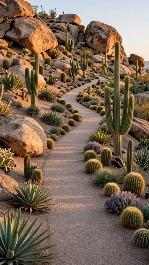 A realistic, high-resolution, wide-angle photograph capturing a stunning drought-tolerant desert scape on a prominent sloped backyard. The scene is bathed in the warm, golden light of late afternoon, casting long shadows across the terrain. A winding decomposed granite path meanders gracefully up the slope, flanked by strategically placed, large natural boulders in various earthy tones. The sloped terrain is densely planted with an abundant array of diverse cacti, including tall saguaros, prickly pear, and barrel cacti, interspersed with various succulents such as agaves, aloes, and echeverias, alongside other low-water plants like desert lavender and yucca. The intricate textures of the plants and the granular detail of the granite path are sharply in focus, conveying a natural, rugged, and sustainably beautiful aesthetic ideal for a hot, dry climate. No text.
