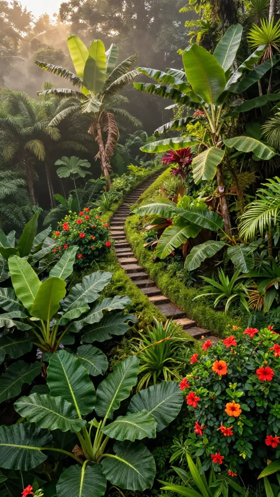 A high-angle, realistic professional photograph capturing a breathtaking sloped backyard meticulously transformed into a vibrant tropical jungle hillside. The steep incline is densely planted with an abundance of large-leafed wonders, including towering banana trees, massive elephant ears, and bursts of vibrant red and orange hibiscus flowers. A winding natural stone path gracefully ascends through the dense, exotic foliage, partially disappearing further up the slope. A subtle, fine mist hangs in the humid air, creating an authentic rainforest atmosphere and making the leaves glisten. Dappled sunlight filters through the dense canopy, illuminating the scene with a warm, inviting glow. High detail, professional landscape photography, no text.