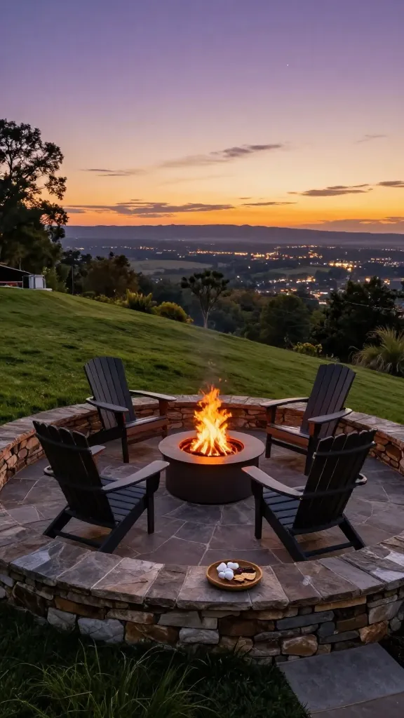 A high-angle, wide shot capturing a stunning sloped backyard at dusk. At the highest elevation of the meticulously landscaped slope, a circular, elevated patio is carved out, supported by a sturdy, dry-stacked natural stone retaining wall that blends seamlessly with the terrain. In the center of the flagstone-paved patio, a modern, round fire pit glows with a lively, crackling fire, casting warm light. Four comfortable, dark wood Adirondack chairs are arranged around the fire pit, oriented to face the breathtaking panoramic view of a distant valley or cityscape, bathed in the warm, golden and purple hues of a spectacular sunset. The sky is clear, with the first few stars beginning to twinkle. A small, rustic tray with s'mores ingredients (marshmallows, chocolate, graham crackers) rests on a nearby flat stone. The scene exudes a cozy, inviting atmosphere, perfect for stargazing and evening gatherings. Realistic outdoor photography, high resolution.