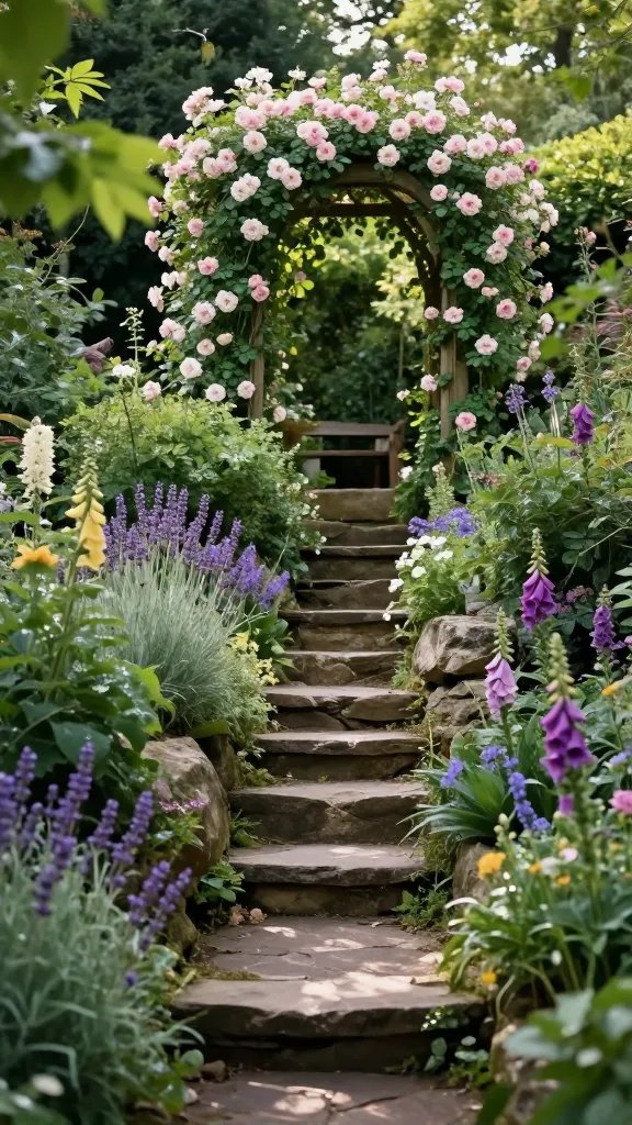 A romantic and mysterious secret garden path winding up a lush, overgrown sloped backyard. Informal, weathered natural stone steps are partially obscured and seem to disappear into an abundance of vibrant green foliage. Fragrant climbing roses in delicate pinks and whites, intertwined with ivy and other lush vines, gracefully drape over the stone steps and surrounding natural rock walls, creating a sense of an enchanting, hidden journey. Overflowing perennials like lavender, foxgloves, and hostas spill onto the path. Soft, dappled sunlight filters through the dense canopy of trees and climbing plants, casting intriguing shadows and highlighting dew-kissed leaves. At the very top of the winding path, just visible through a break in the foliage, is a charming wooden arbor heavily adorned with more climbing roses, revealing a glimpse of a secluded, intimate seating area with a rustic bench. The scene is captured with a shallow depth of field, natural lighting, and a soft, ethereal quality, emphasizing discovery and natural beauty. High-resolution, photographic quality.