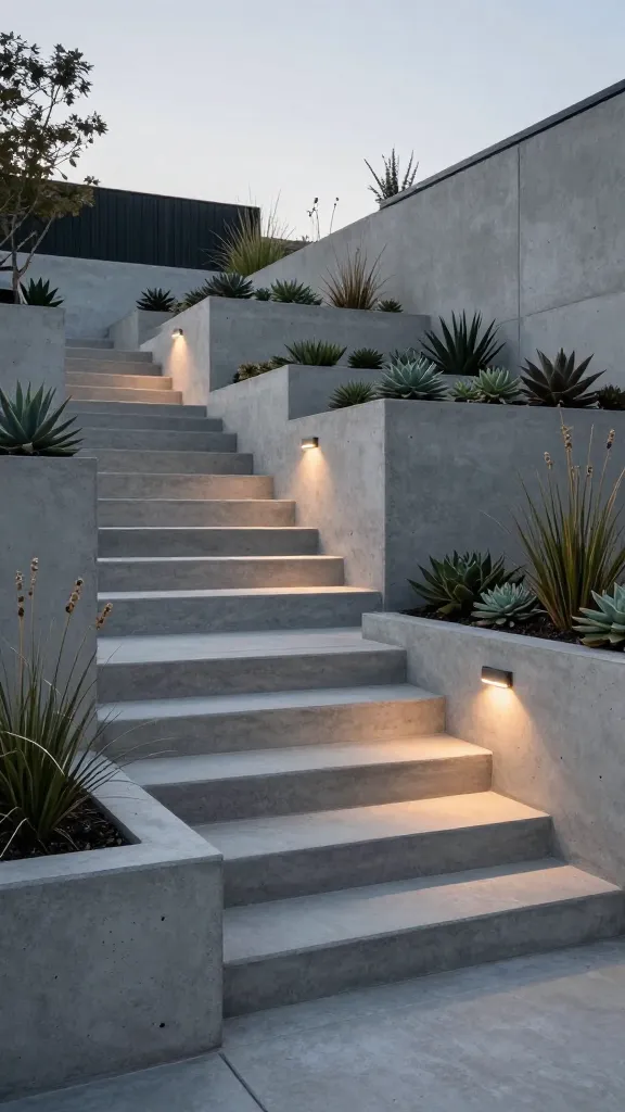 A professional, eye-level architectural photograph capturing a contemporary sloped backyard at dusk. Wide, poured concrete steps with crisp, architectural lines ascend the terrain. Seamlessly integrated concrete planters are built into the steps and adjacent retaining walls, featuring minimalist succulents and sparse, structural ornamental grasses. Warm LED strip lighting subtly illuminates the underside of each concrete step tread, casting a sophisticated glow that highlights the monochromatic palette of the concrete and the sleek, urban design. The scene emphasizes bold, modern architecture and thoughtful lighting. No text.