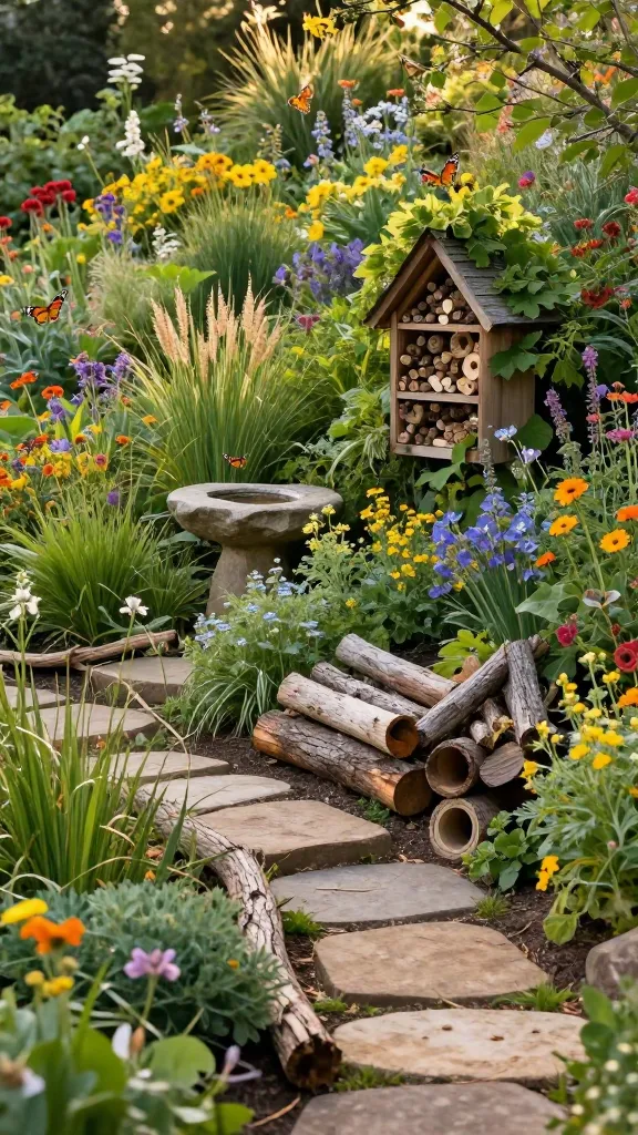 A beautifully designed sloped backyard, transformed into a thriving wildlife haven. The pronounced incline is densely planted with a diverse array of native wildflowers, shrubs, and ornamental grasses in full bloom, providing vibrant food sources and lush shelter. A small, natural stone bird bath is gracefully integrated into the mid-slope, reflecting the soft afternoon light. Nearby, a rustic, multi-chambered wooden bug hotel is artfully built into the bank, surrounded by lush foliage. A carefully arranged pile of weathered logs lies at the base of the slope, offering natural shelter for critters. Winding, organic pathways made from rough-hewn natural stone slabs and strategically laid fallen branches traverse the garden. Butterflies gracefully flit between the blossoms, and a small songbird is perched on an overhead branch. The scene is lush, ecological, and serene, captured as a high-quality, realistic photograph with natural, warm lighting and sharp focus, showcasing the rich biodiversity.