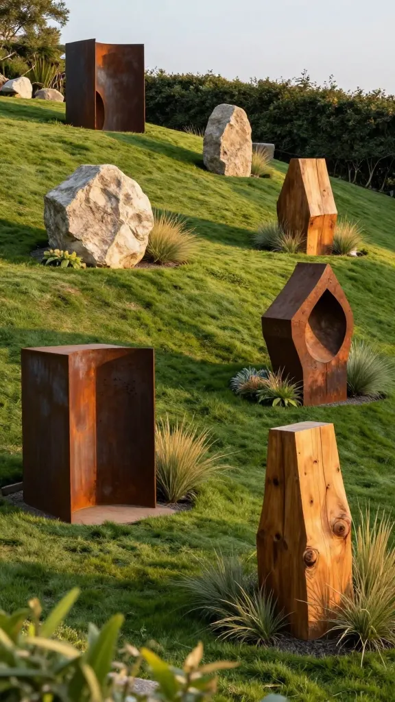 A high-resolution, realistic photograph capturing a breathtaking artistic sculpture garden meticulously integrated into a gently sloped backyard. Large, striking sculptural pieces, crafted from a harmonious mix of weathered corten steel, rough-hewn natural stone, and polished reclaimed wood, are strategically placed along the natural incline, guiding the viewer's eye rhythmically up the verdant slope. Each unique sculpture stands as a distinct focal point, beautifully complemented by sparse, minimalist plantings of low-growing ornamental grasses and delicate ground cover that enhance the natural landscape without distraction. The warm, golden hour sunlight bathes the scene, casting long, artistic shadows that accentuate the textures and forms of the art against the vibrant greenery, creating a personalized outdoor gallery masterpiece.