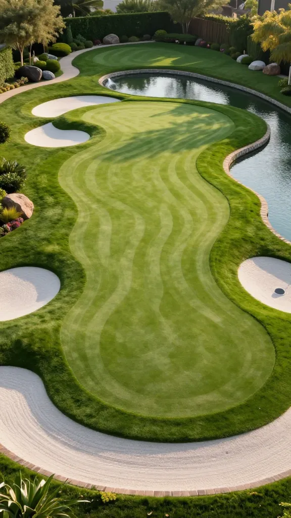 A high-angle, wide shot of a luxurious, custom-designed putting green seamlessly integrated into a beautifully landscaped sloped backyard. The vibrant green, high-quality synthetic turf follows the natural undulations and contours of the gentle slope, creating challenging and visually interesting breaks. Several pristine white sand traps are strategically placed around the green's edges, and a small, elegant water feature, like a trickling stream or a calm pond, borders one side of the green, adding visual interest and a subtle challenge. The surrounding landscape is meticulously maintained with lush green grass, manicured shrubs, and a few strategically placed decorative rocks. The scene is bathed in warm, golden hour sunlight, casting soft shadows and highlighting the textures of the turf and sand. No text.