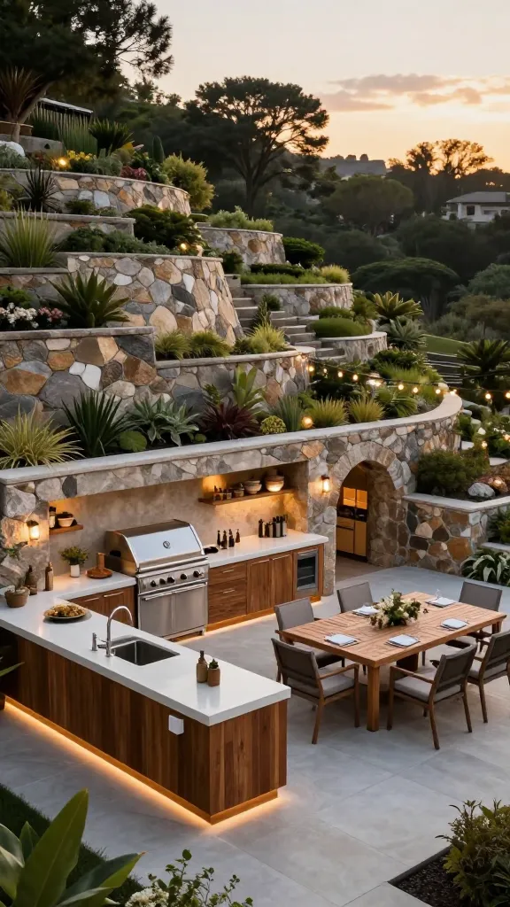 A high-angle, wide shot of a luxurious outdoor kitchen and dining terrace meticulously carved into a significant, multi-tiered sloped backyard. The expansive flat terrace is defined by substantial, beautifully crafted dry-stacked natural stone retaining walls, with lush, terraced landscaping ascending the slope behind them. On the left, a sleek, built-in outdoor kitchen features a high-end stainless steel grill, an integrated sink with a modern faucet, and generous light-colored polished concrete countertops over dark wood cabinetry. To the right, a large, rectangular teak dining table is surrounded by eight comfortable, cushioned outdoor chairs, set for an elegant al fresco dinner. Warm, ambient lighting from subtle string lights strung overhead and integrated LED strips under the countertops casts an inviting glow as the golden hour sun begins to set. The patio floor is made of large format light grey pavers.