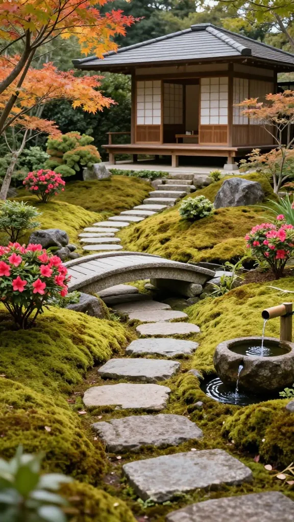 A serene and meticulously designed Japanese tea garden nestled within a gently sloped backyard, bathed in soft, diffused natural light. Carefully placed, moss-covered stepping stones wind their way up the gentle incline, leading to a small, elegant stone bridge arching gracefully over a subtle depression. At the upper end of the slope, a traditional wooden Japanese tea house, with its minimalist design and shoji screens, sits peacefully, inviting contemplation. Lush Japanese maples display their delicate leaves in vibrant autumn hues, interspersed with vibrant azalea bushes. A verdant carpet of soft, rich moss covers the ground and rocks throughout the garden. A gentle bamboo water feature trickles softly into a stone basin, creating subtle ripples and adding to the tranquil atmosphere, emphasizing harmony and reflection. High-resolution, realistic photograph, no text.