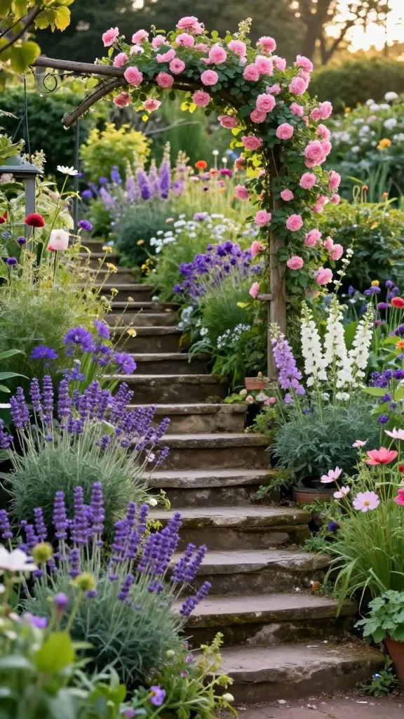 A high-quality, realistic photo capturing a charming, romantic cottage garden set within a sloped backyard. Ancient, moss-kissed natural stone steps, worn smooth by time, gently ascend the verdant incline. The steps are almost entirely embraced by an overflowing abundance of lush, vibrant cottage garden flora: a mix of purple lavender, pink and white delphiniums, and self-seeding annuals like poppies and cosmos spill abundantly over and between the old stones, creating a soft, untamed edge. Rambling pink climbing roses cascade gracefully over a rustic wooden trellis positioned alongside the steps, adding to the picturesque, storybook atmosphere. Soft, warm golden hour sunlight illuminates the scene, highlighting the rich textures and colors of the dense foliage and blooms, creating a magical and deeply inviting garden pathway. No text.