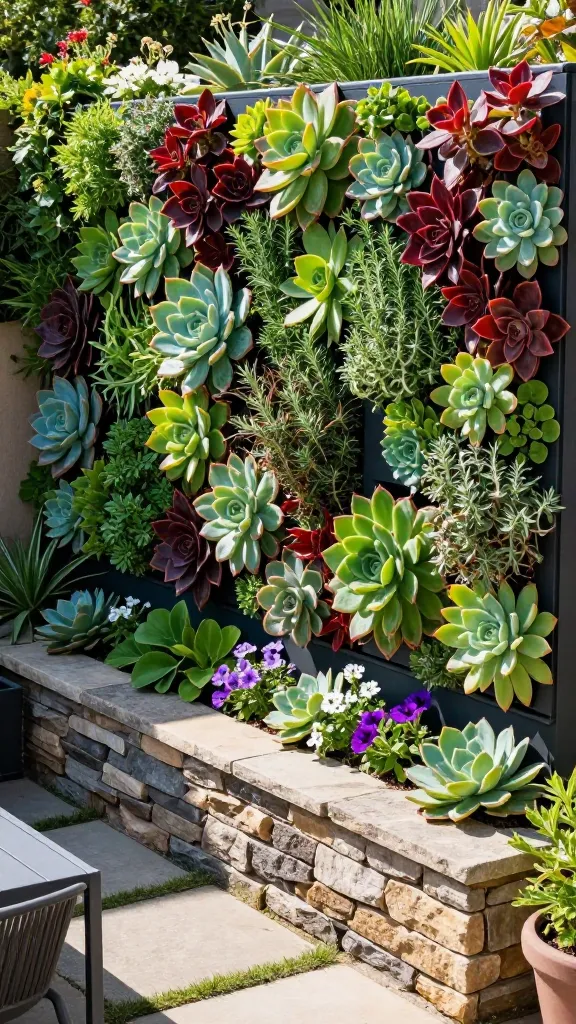 A high-angle, professional photograph showcasing a beautifully landscaped, tight sloped backyard on a bright, sunny afternoon. The central feature is a prominent, natural stone retaining wall, seamlessly integrated into the slope, supporting an upper garden terrace. Adorning this retaining wall is a stunning, lush vertical garden wall, meticulously arranged with dark modular panels. The panels are overflowing with a vibrant, diverse mix of succulents in various shades of green, blue-green, and deep red, interspersed with fragrant, trailing herbs like creeping thyme and rosemary, and delicate flowering plants such as purple petunias and white alyssum. Sunlight gently illuminates the intricate textures and rich colors of the plants, casting soft, defined shadows that add depth. Below the retaining wall, the lower section of the sloped yard features a compact, paved area with stepping stones leading to a small, modern outdoor seating arrangement, emphasizing efficient use of ground space. The overall scene conveys a dramatic, green focal point and an instant art piece in a small, well-designed outdoor setting. Realistic, high-quality, no text.