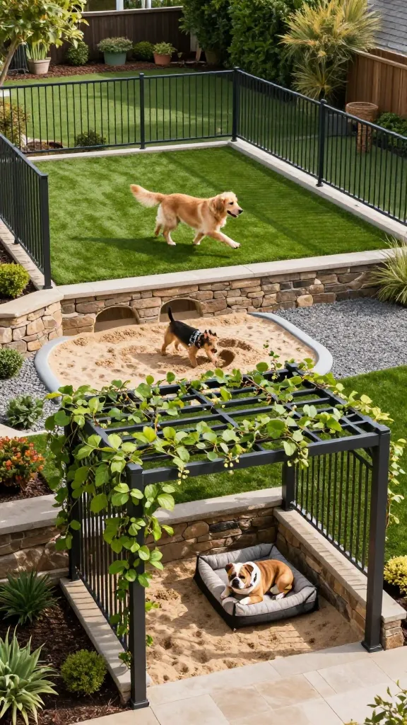 A high-angle, realistic photo capturing a beautifully landscaped, sunny sloped backyard featuring an elaborate multi-tiered dog run and play area. The design seamlessly integrates into the natural incline with sturdy, aesthetically pleasing dark metal fencing. The uppermost tier is a spacious, flat running zone covered in lush, pet-friendly artificial turf, where a golden retriever is mid-stride, full of energy. Below it, a second, slightly lower terrace is dedicated to digging, featuring a clearly defined sandpit filled with clean play sand where a terrier is happily digging, surrounded by pea gravel. The lowest tier offers a serene, shaded resting spot under a small, modern pergola draped with pet-safe climbing vines, where a bulldog is comfortably lounging on an elevated dog bed. Retaining walls between tiers are constructed from natural stacked stone, and discreet, pet-friendly shrubs line the edges. The scene is bathed in warm, natural sunlight, highlighting the vibrant greens of the turf and the natural textures of the materials.