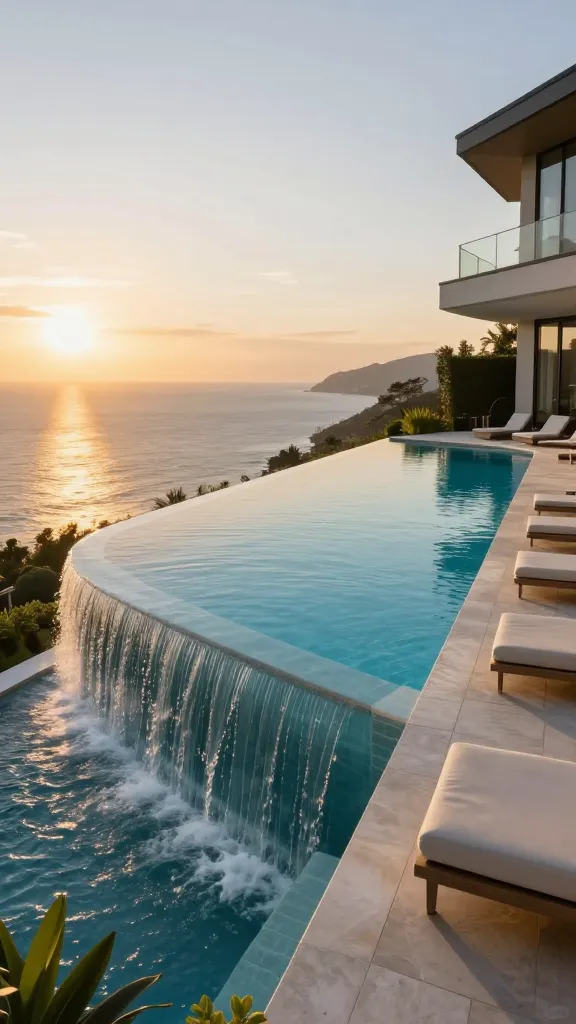 A breathtaking, high-resolution photograph capturing a luxurious infinity edge pool strategically built into a modern, sloped backyard. The pool's crystal-clear water appears to spill effortlessly over its vanishing edge, creating a seamless visual transition with a vast, panoramic ocean horizon under a warm golden hour sunset. Sleek, minimalist outdoor loungers are arranged on a polished stone patio beside the pool, with a glimpse of contemporary architectural lines from an upscale residence in the background. The scene exudes an awe-inspiring, resort-like luxury, emphasizing the dramatic elevation and stunning views. Professional architectural photography, realistic, no text.